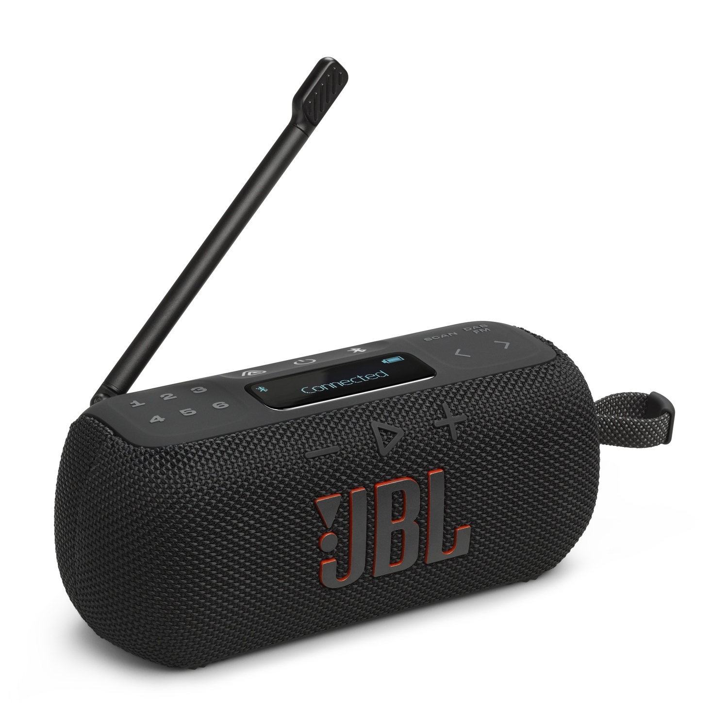 Een zwarte JBL-radio met een uitgeschoven antenne, die 'verbonden' op het scherm weergeeft.