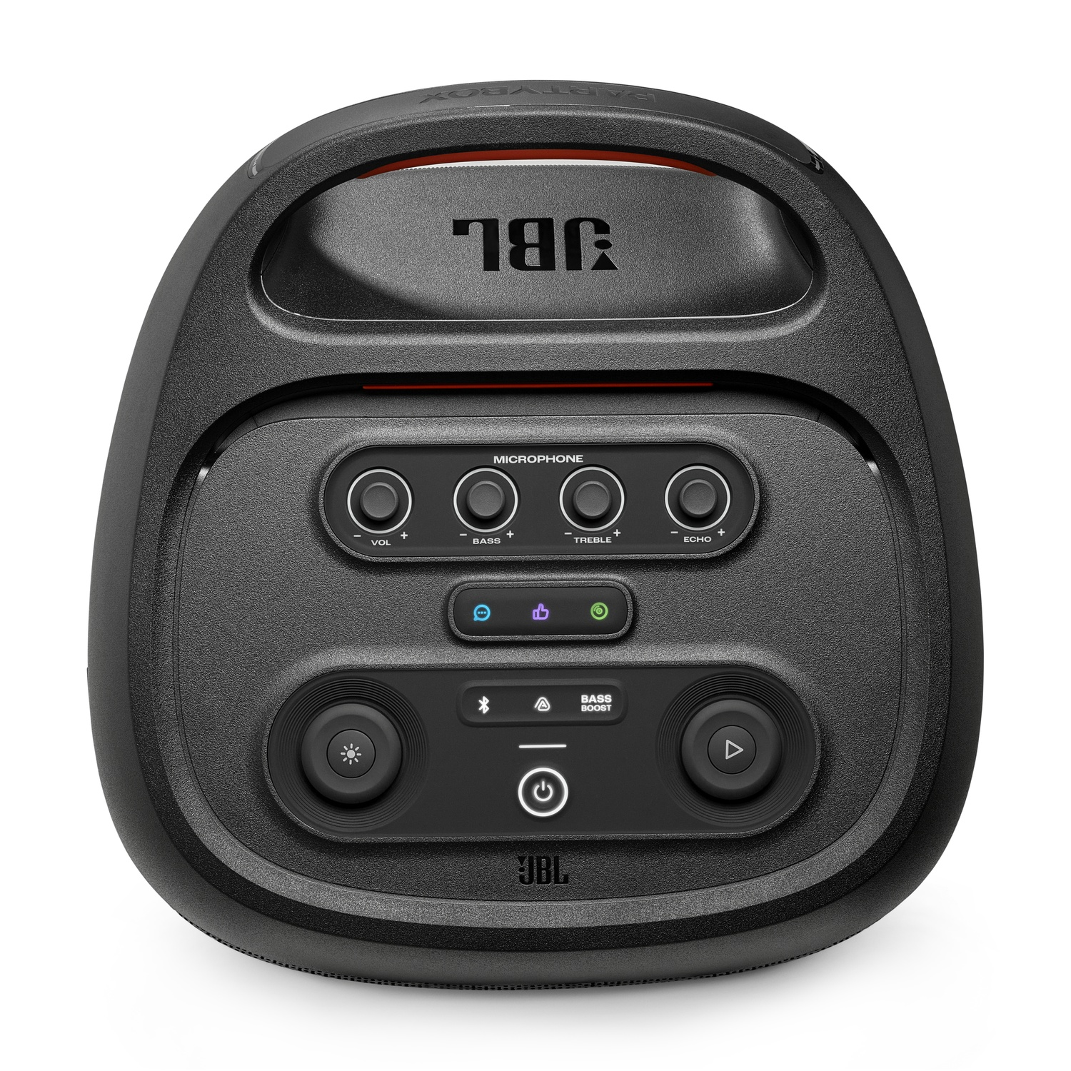 A black JBL PartyBox speaker. It has several control buttons, including volume, bass, treble, and echo. The JBL logo is prominently displayed.