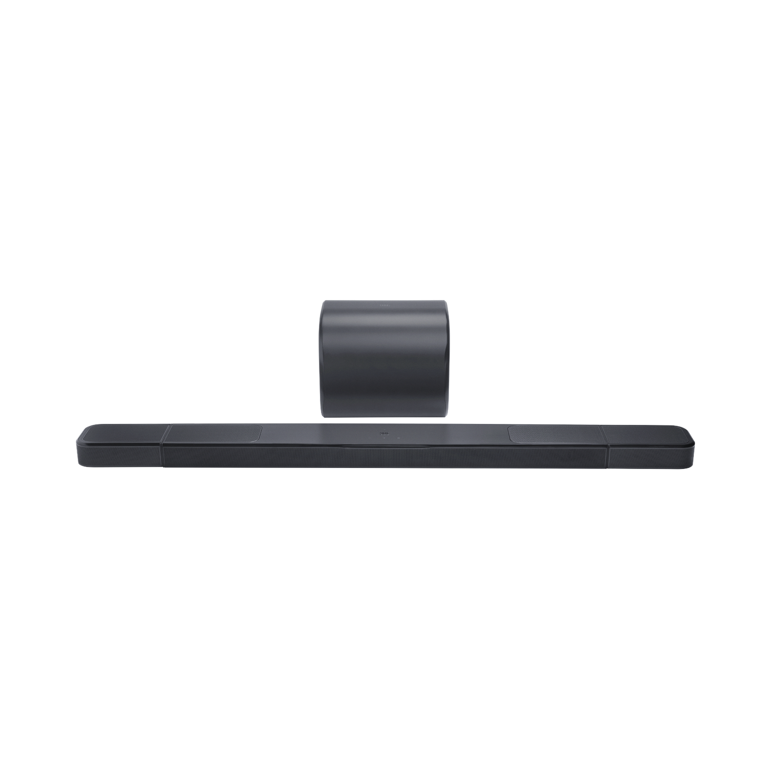 Une barre de son et un caisson de basses sur fond noir. La barre de son est longue et rectangulaire. Le caisson est cylindrique.