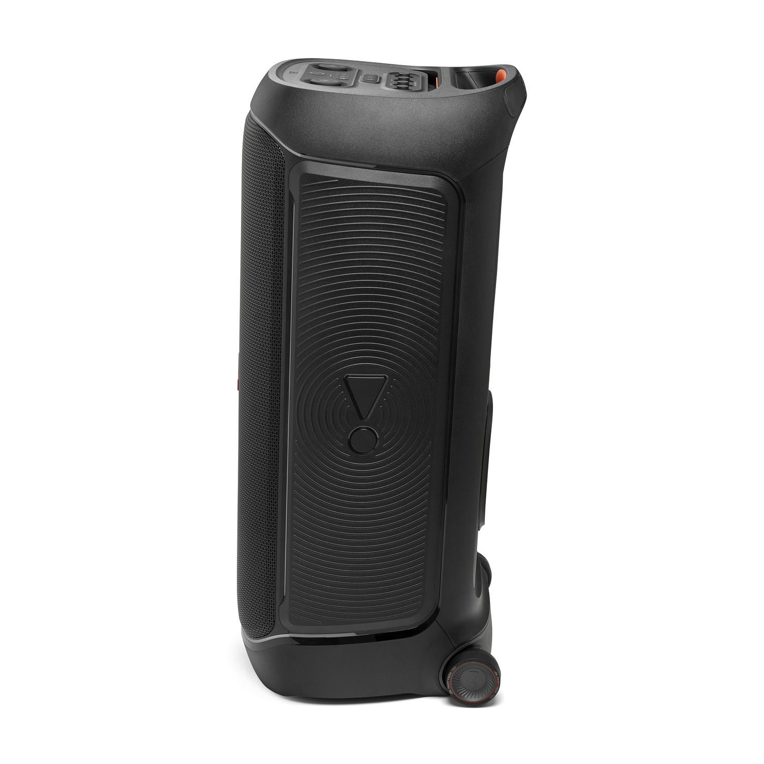A tall, black JBL speaker is on a white background. It has a mesh front, control panel on top, and wheels at the bottom.