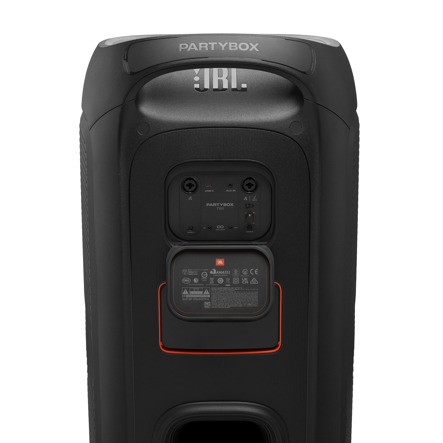 Black JBL Partybox speaker with handle, ports, and control panel. Features JBL and Partybox logos. Orange accents and regulatory labels are visible.