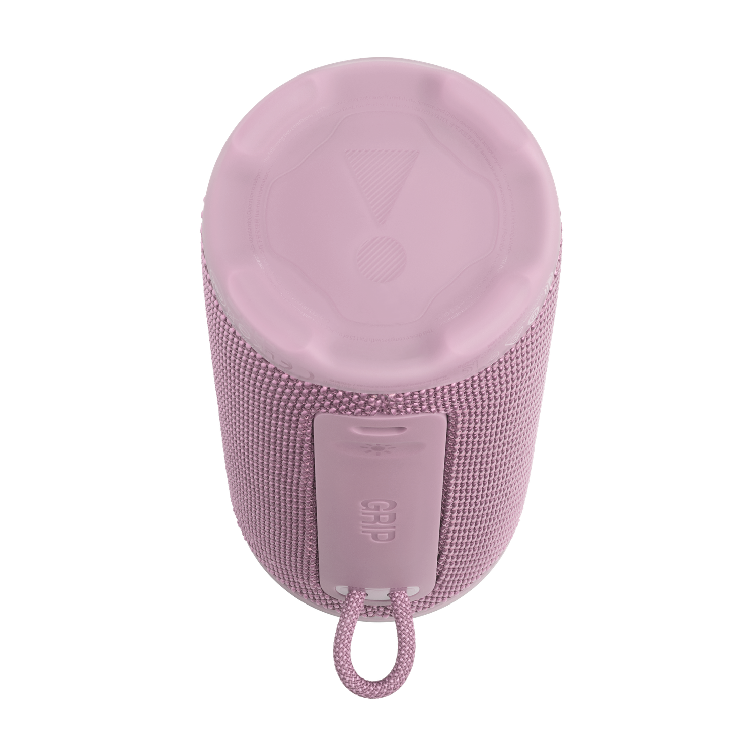 Een roze JBL-luidspreker, cilindrisch met een handvat en een lus. De bovenkant is lichtroze. De achtergrond is zwart.