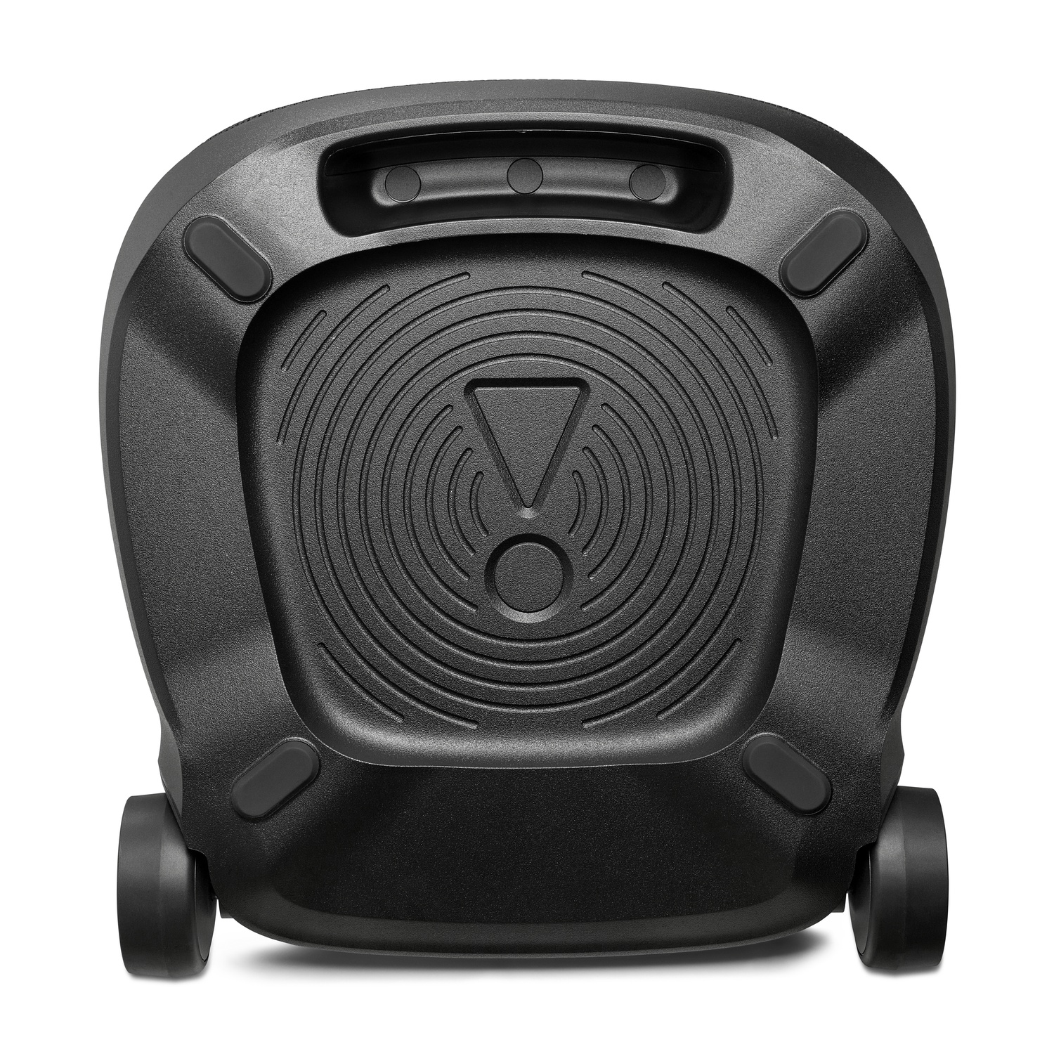Black speaker on white background. It has wheels and a handle. The speaker has the JBL logo. 