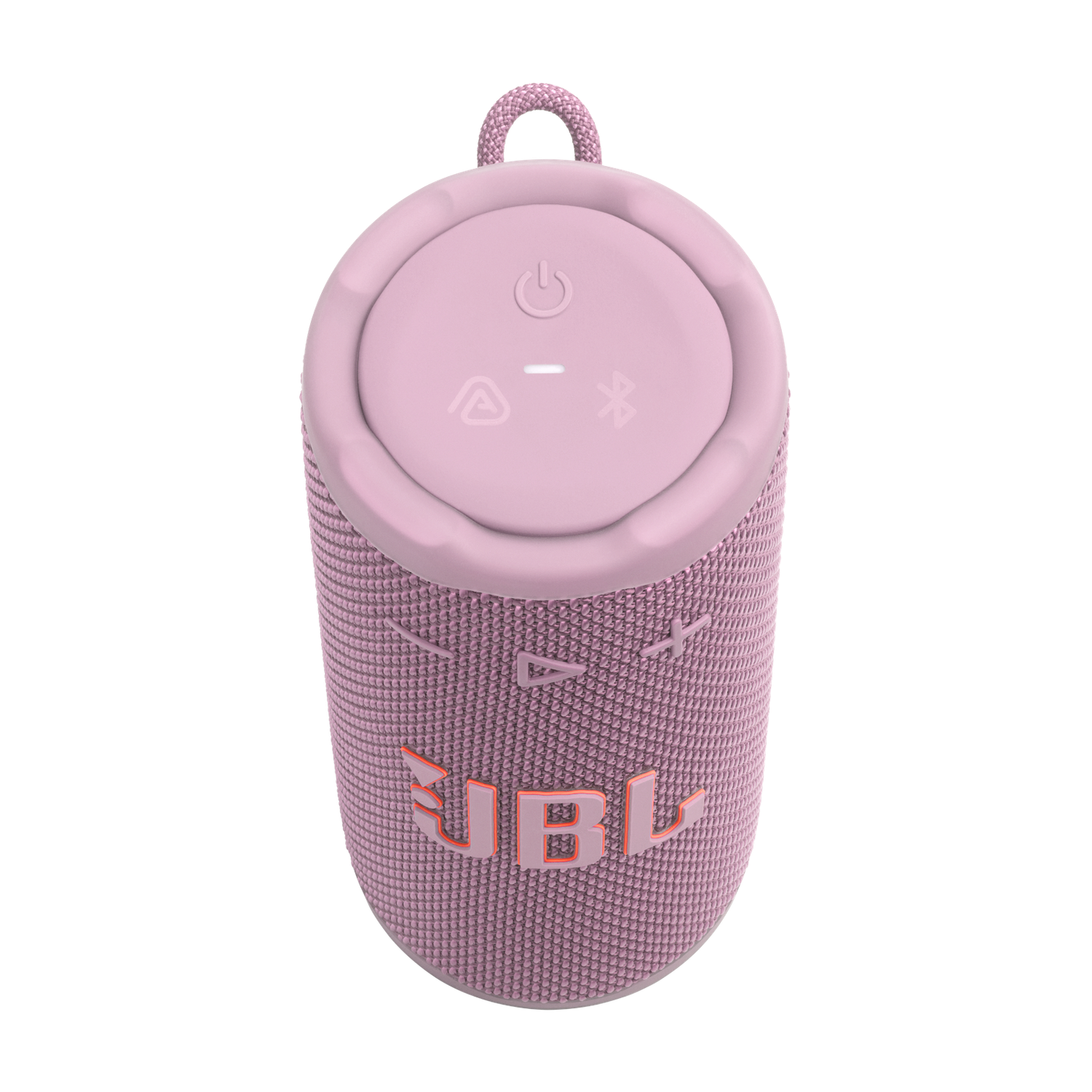 Een roze JBL-luidspreker op een zwarte achtergrond. Hij heeft een cilindrische vorm met knoppen bovenop en het JBL-logo.