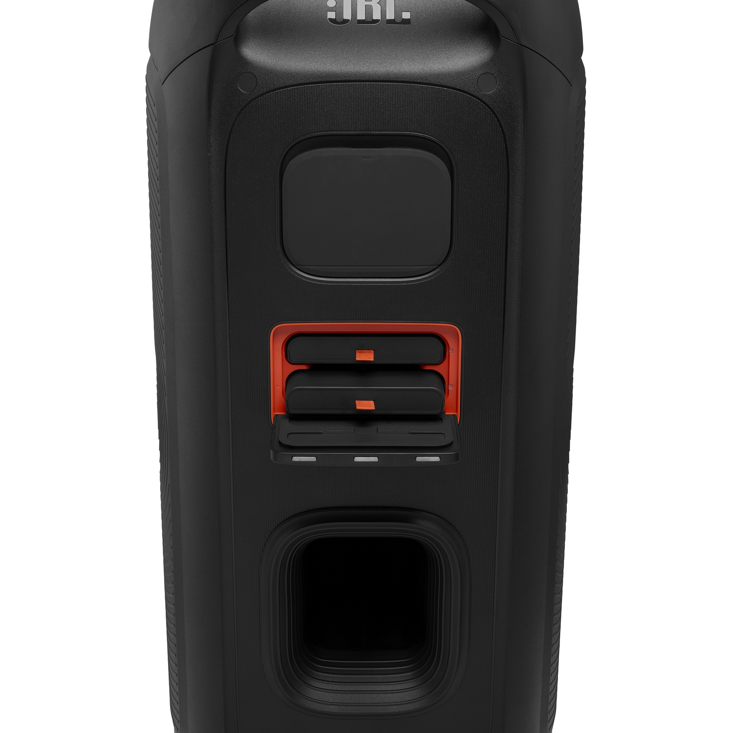 Close-up of a black JBL speaker. It has orange accents on the control panel. There are several rectangular compartments.