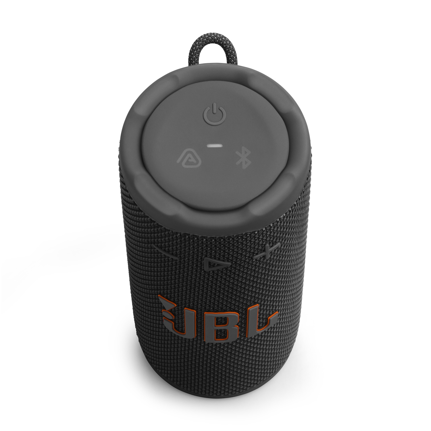 A black JBL speaker with orange logo on a white background. It has a grey top with power and bluetooth icons.