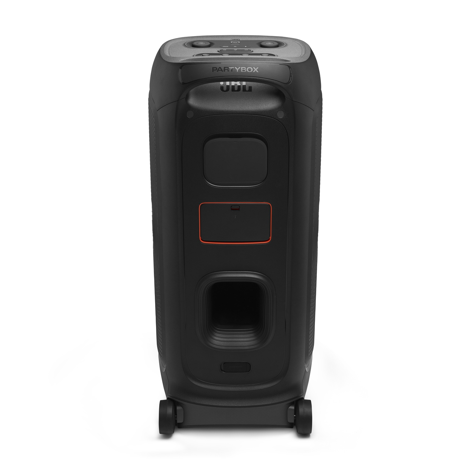 Black JBL PartyBox speaker on white background. Features control panel, handle, and wheels. Red panel detail. JBL logo visible.