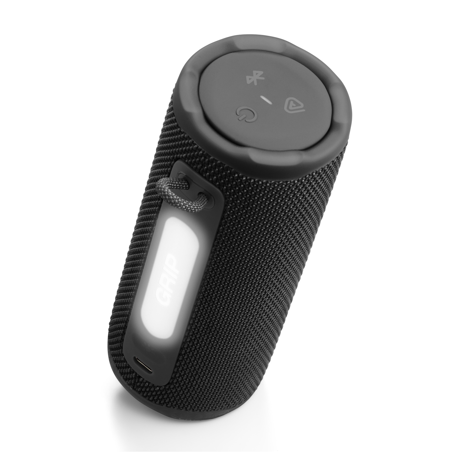 A black cylindrical speaker with a grey top. It has buttons and a white 'GRIP' indicator. A loop for carrying is visible.