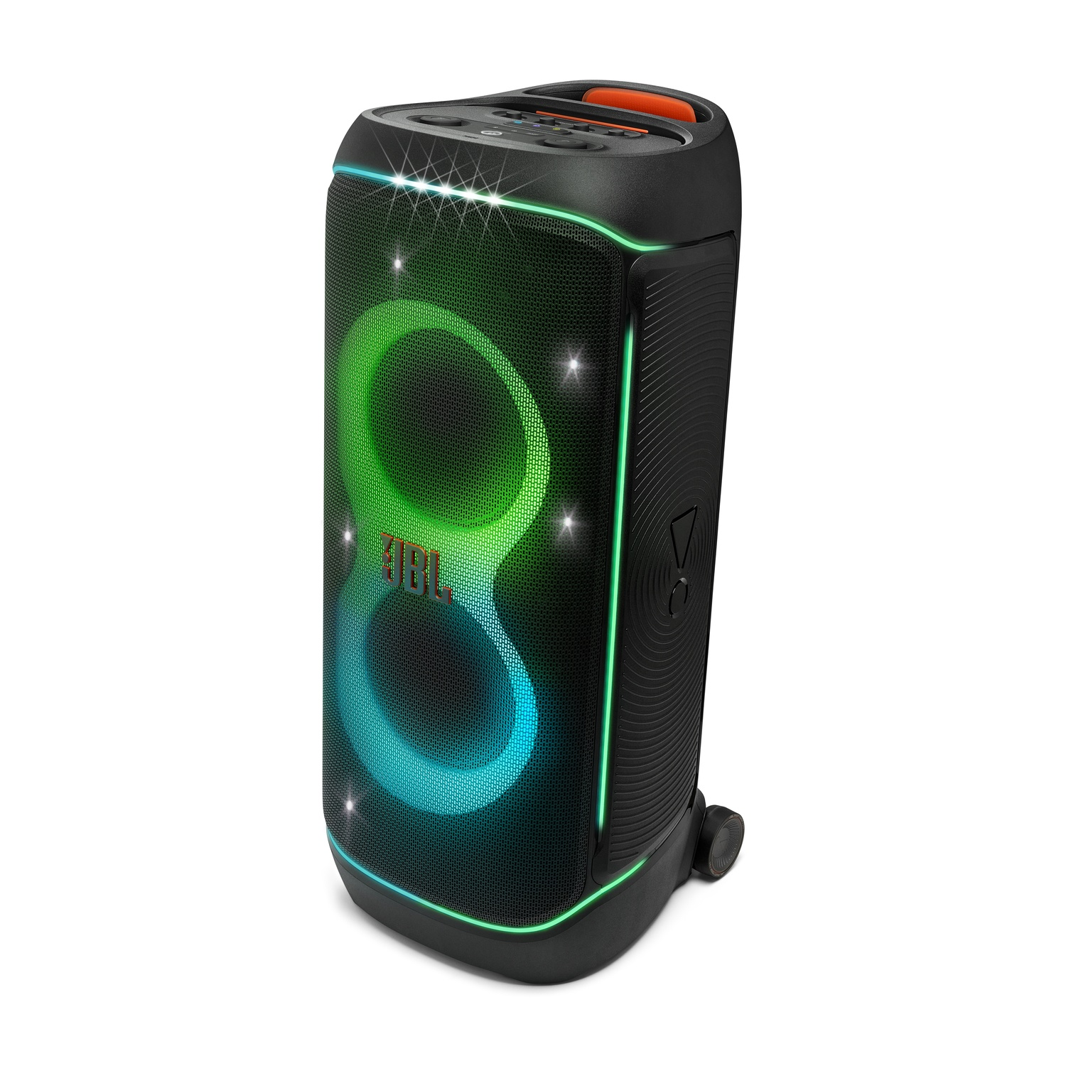 Black JBL speaker with green and blue light accents. It has an orange handle on top and the JBL logo.