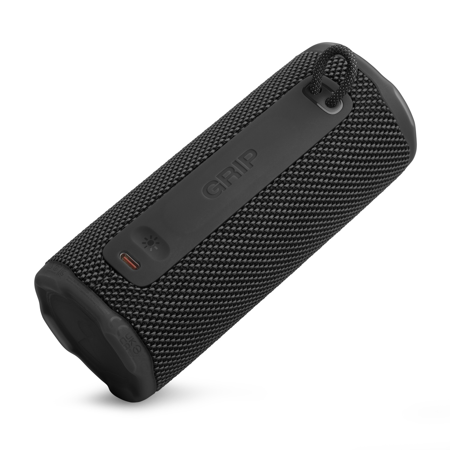 A black, cylindrical portable speaker with a woven texture. It has a black loop, and the word 'GRIP' is visible on the side.