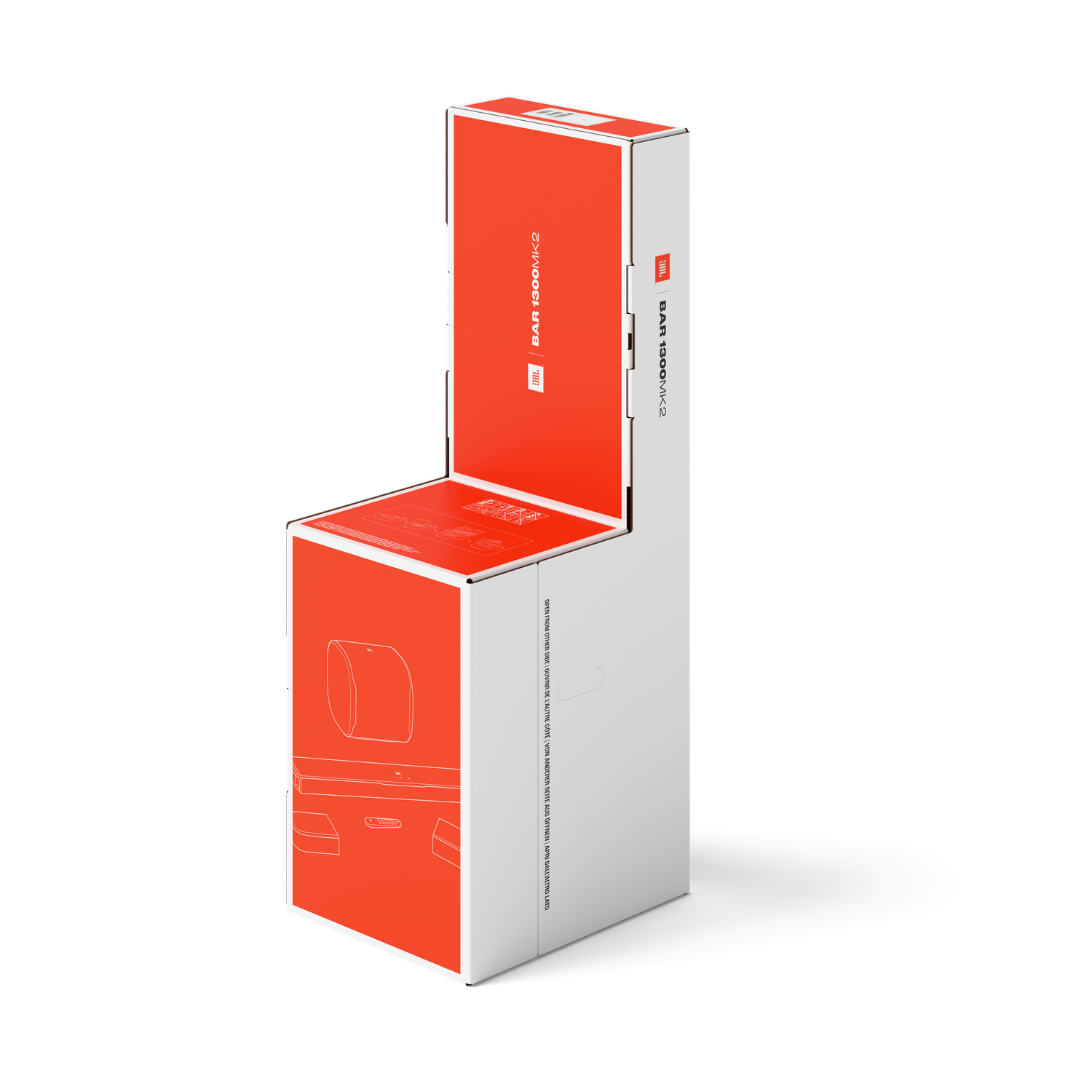 Boîte JBL BAR 1300MK2. Emballage blanc et orange avec illustrations et marque du produit. La boîte est ouverte en haut.