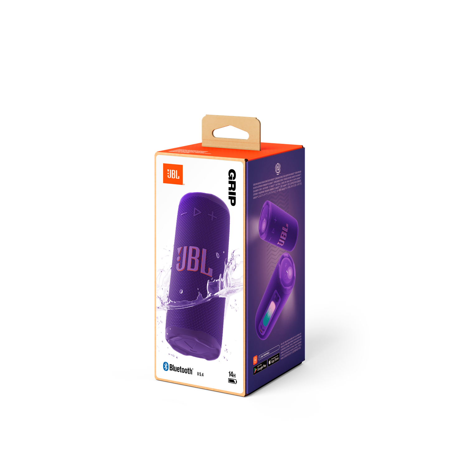 Une boîte de haut-parleur JBL Grip sur fond noir. La boîte est orange et violette, montrant le haut-parleur, Bluetooth et le logo JBL.