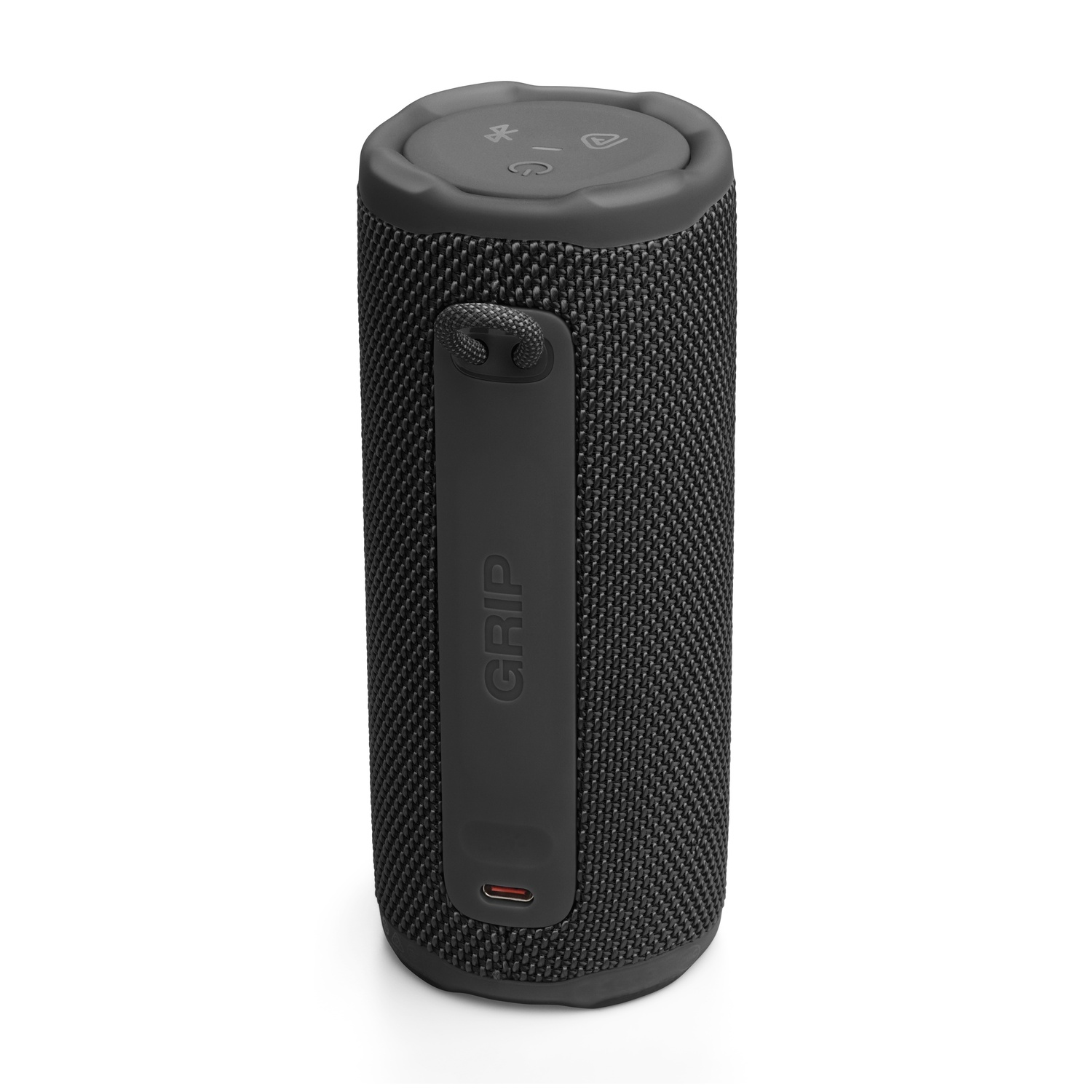 A black cylindrical speaker with the word "GRIP" on it. It has buttons on top and a USB-C port at the bottom.