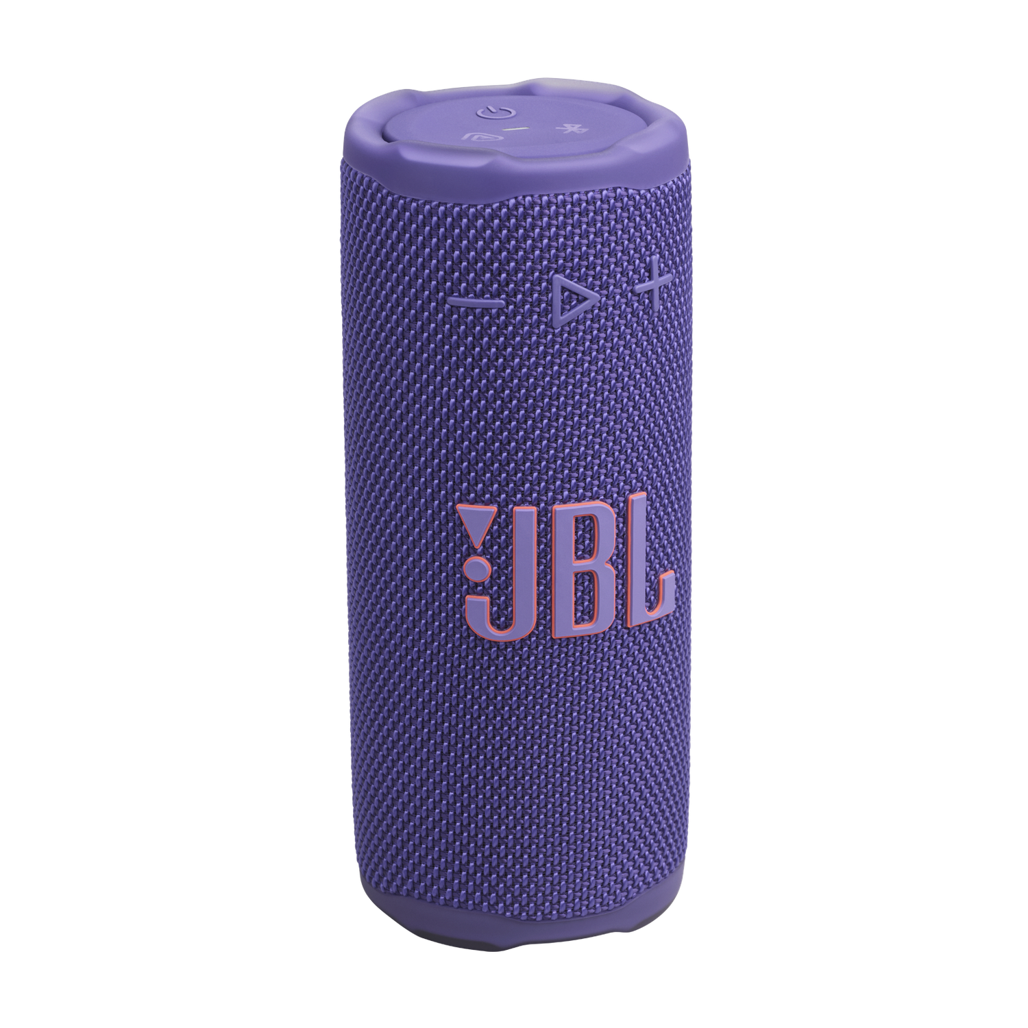 Un haut-parleur JBL violet. Il est cylindrique avec des boutons en haut et le logo JBL sur le devant. Le fond est noir.