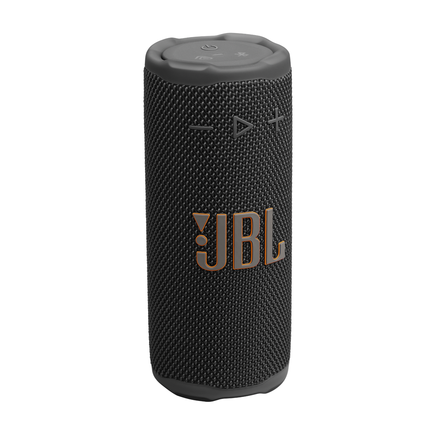 A black JBL speaker stands on a black background. It has orange JBL logo and control buttons on top.