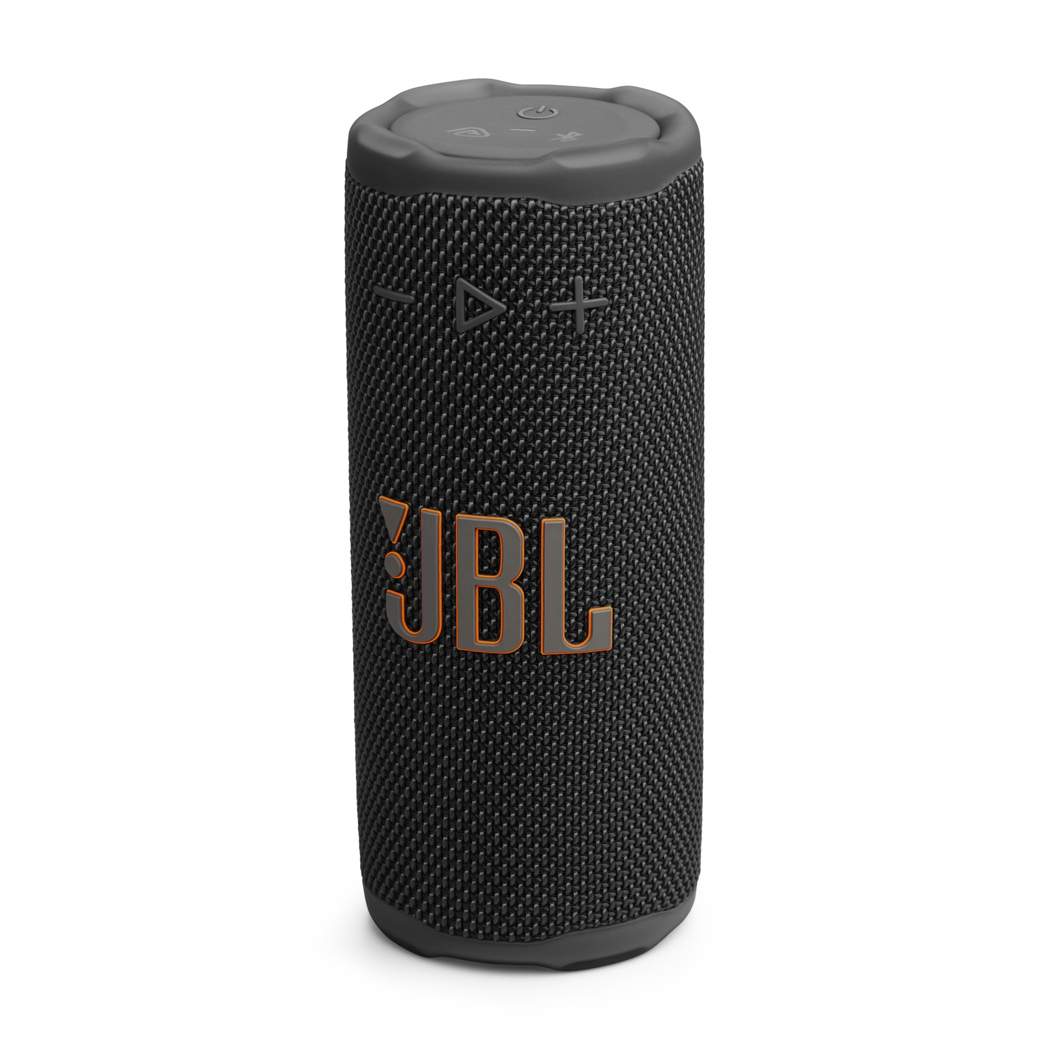 Black JBL speaker. Cylindrical shape, mesh texture, gray top. JBL logo in orange. Buttons on top.