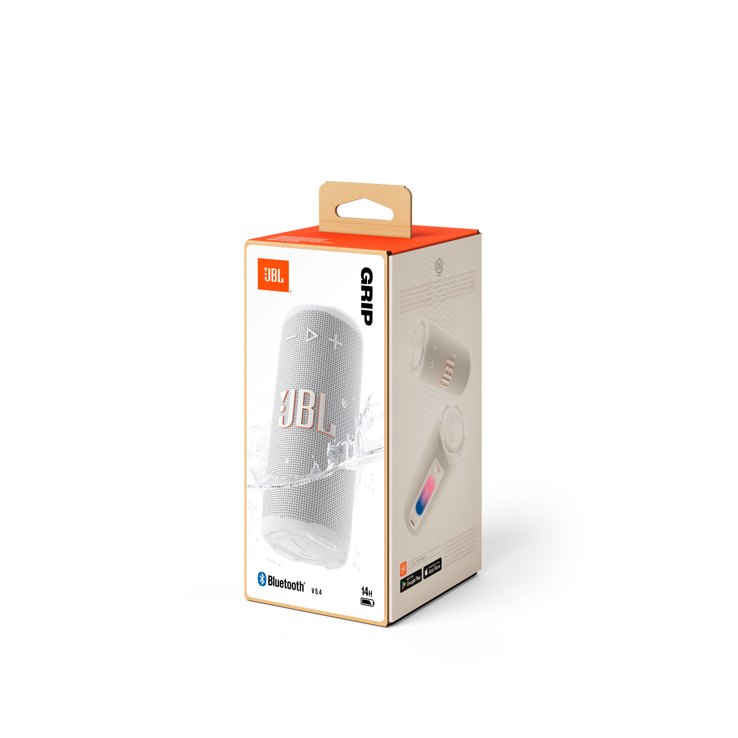 Boîte d'enceinte JBL. Enceinte blanche dans un graphique aquatique. Logo JBL orange. La boîte montre des images d'enceintes et des infos d'application. Poignée en haut.