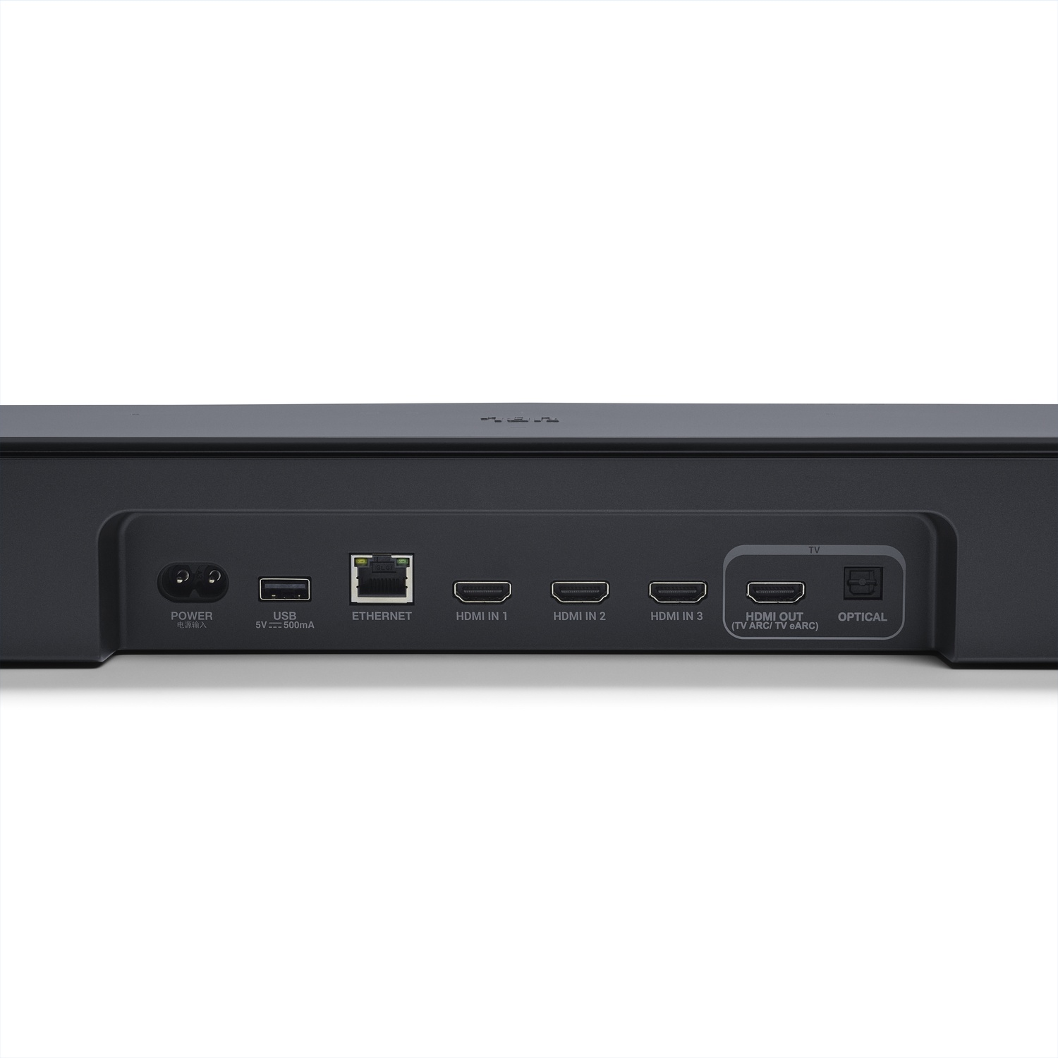 Arrière d'une barre de son gris foncé, avec ports étiquetés pour l'alimentation, USB, Ethernet, HDMI entrée/sortie et audio optique.