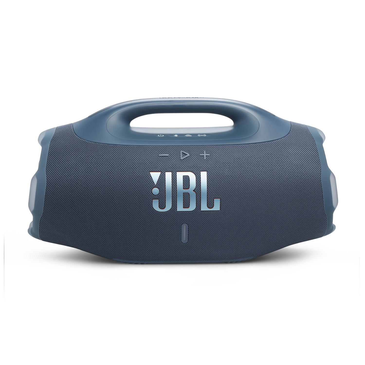 Une enceinte JBL bleue avec une poignée. Le logo JBL est sur le devant. Le fond est blanc.
