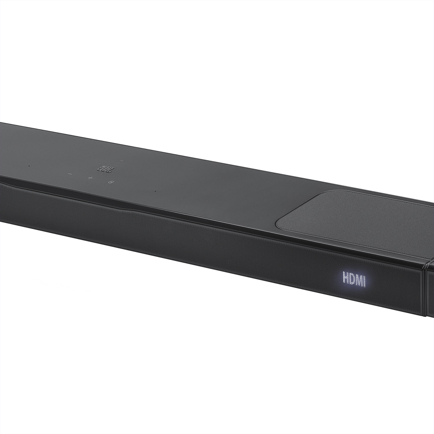 Une barre de son noire est affichée, avec le logo HDMI visible. Le logo JBL est en haut. Le fond est blanc.