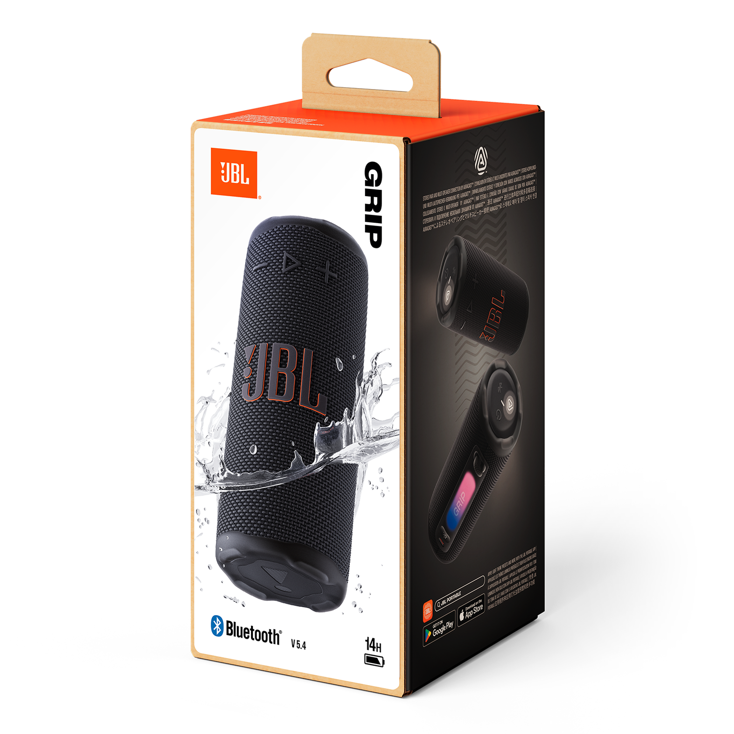 A black JBL speaker in a box with water splashing. The box is orange and black with the word GRIP on the side.