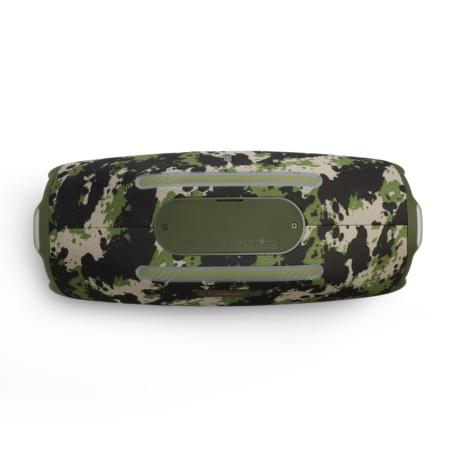 Un haut-parleur JBL à motif camouflage, vu de dessus, sur fond blanc. Le haut-parleur est rectangulaire avec des extrémités arrondies.