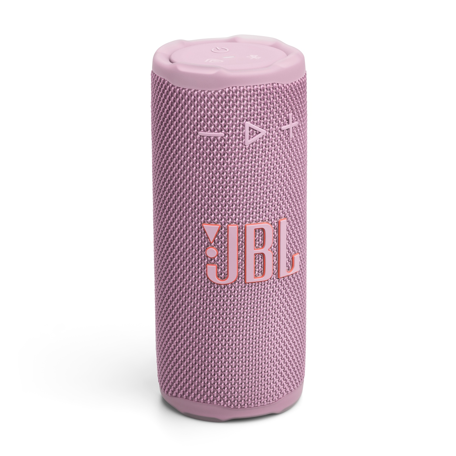 Een cilindrische roze JBL-luidspreker. Het heeft volumeregelaars, het JBL-logo en een stofachtige textuur.