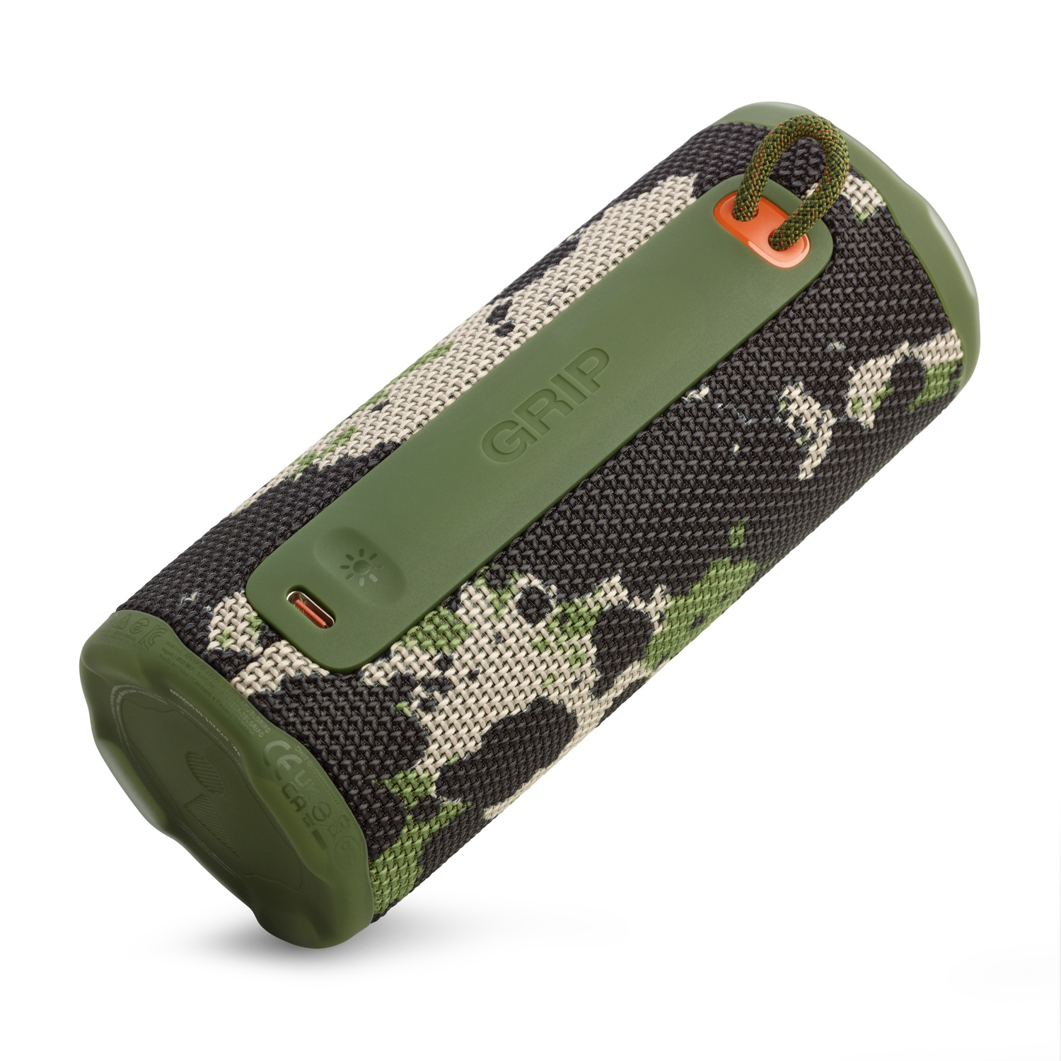 Haut-parleur cylindrique avec motif camouflage. Les accents verts incluent une sangle, un bouton et une base. Le mot 'GRIP' est visible.