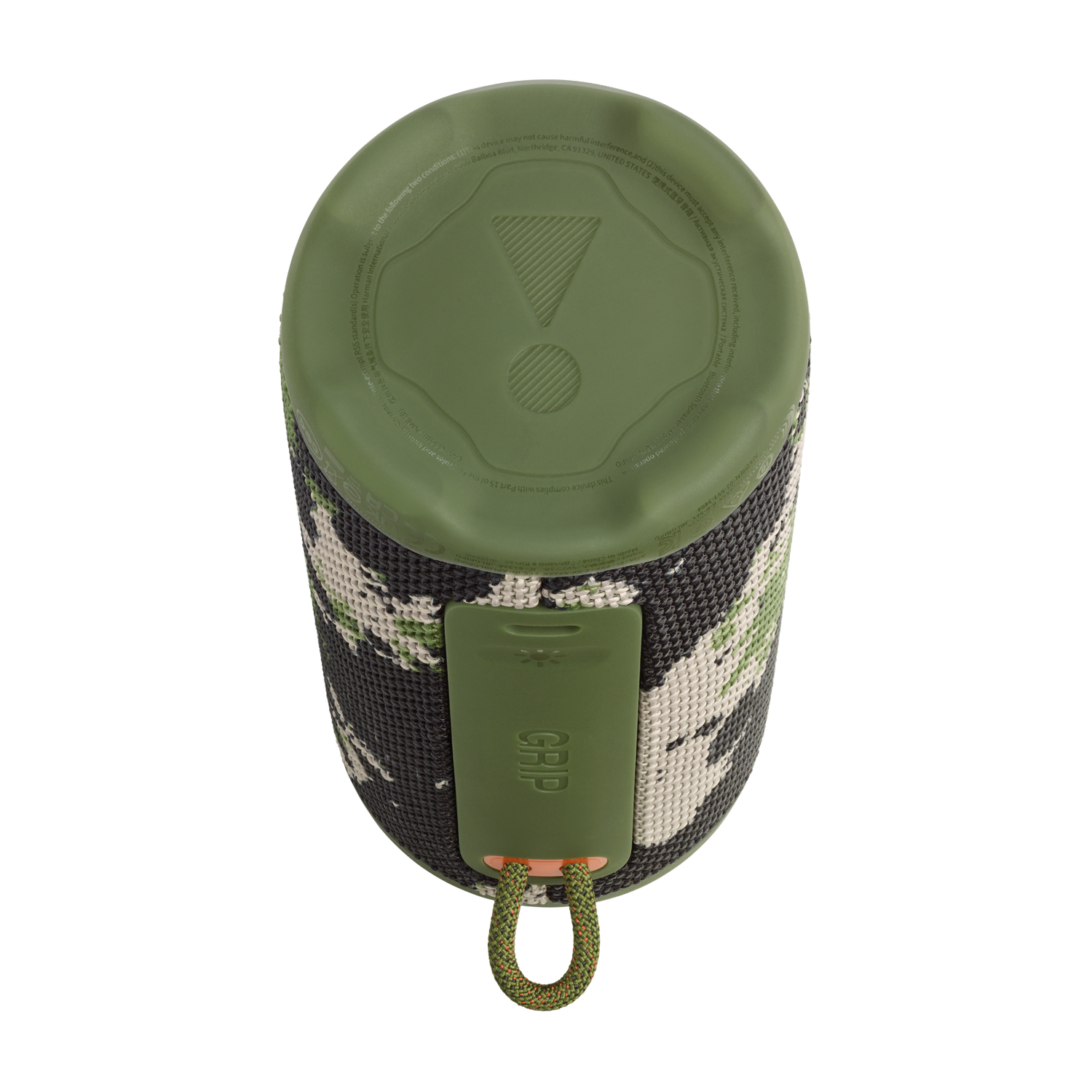 Un haut-parleur cylindrique de camouflage. Il a un dessus vert et une sangle verte avec 'GRIP'. Une corde verte et orange est attachée.