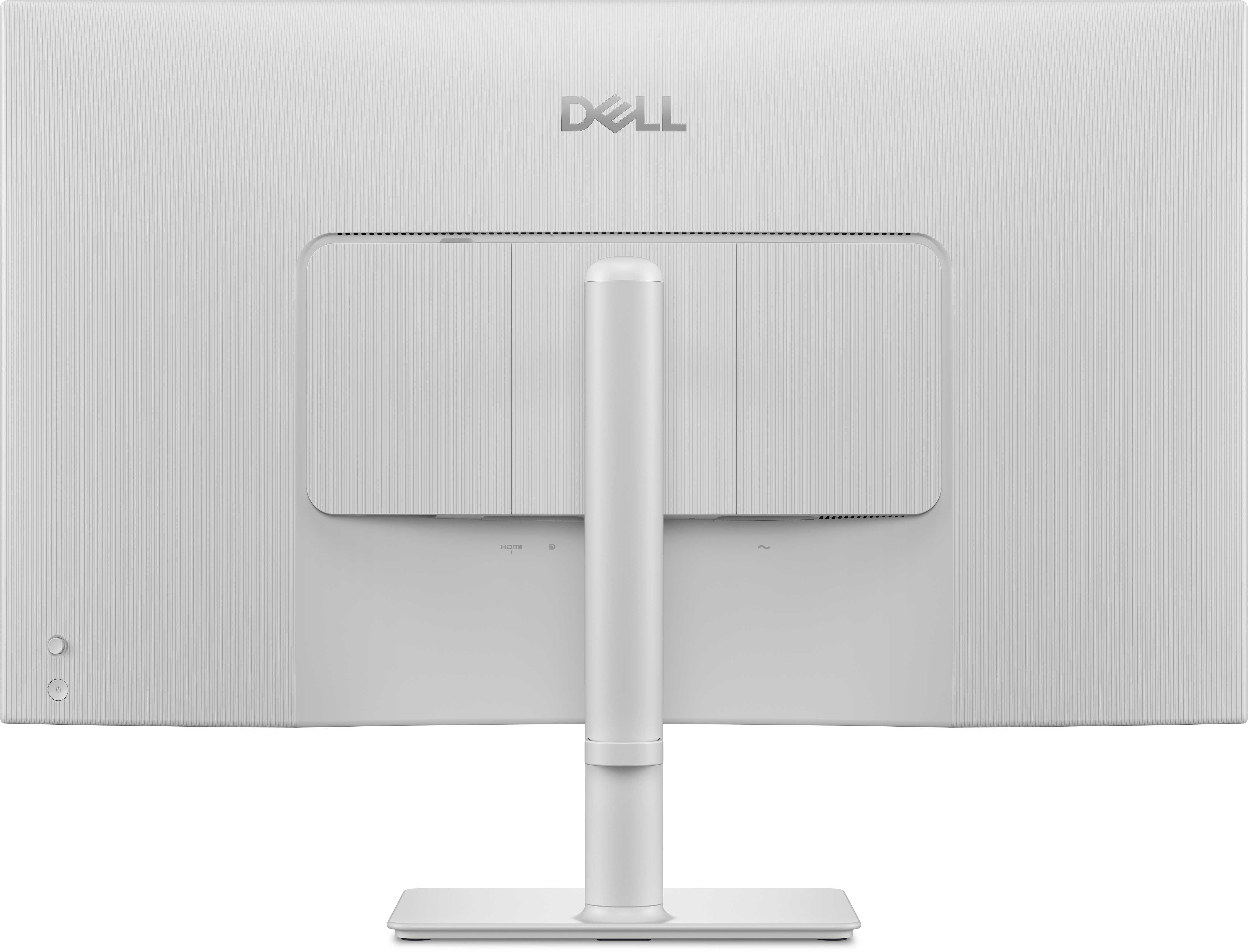 Rückseite eines weißen Dell-Monitors. Er hat einen Ständer, Anschlüsse und das Dell-Logo. Die Oberfläche ist strukturiert.