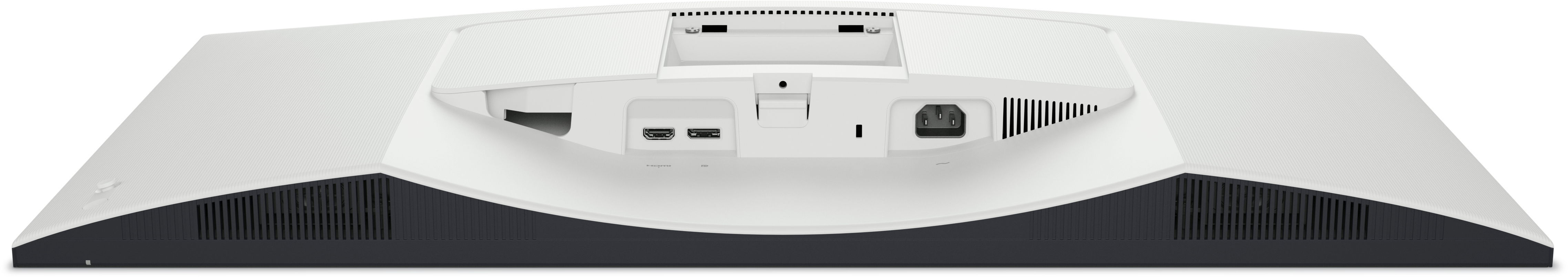 Rückseite eines weißen Monitors. Merkmale sind ein Stromanschluss, USB-Anschlüsse und Belüftung.