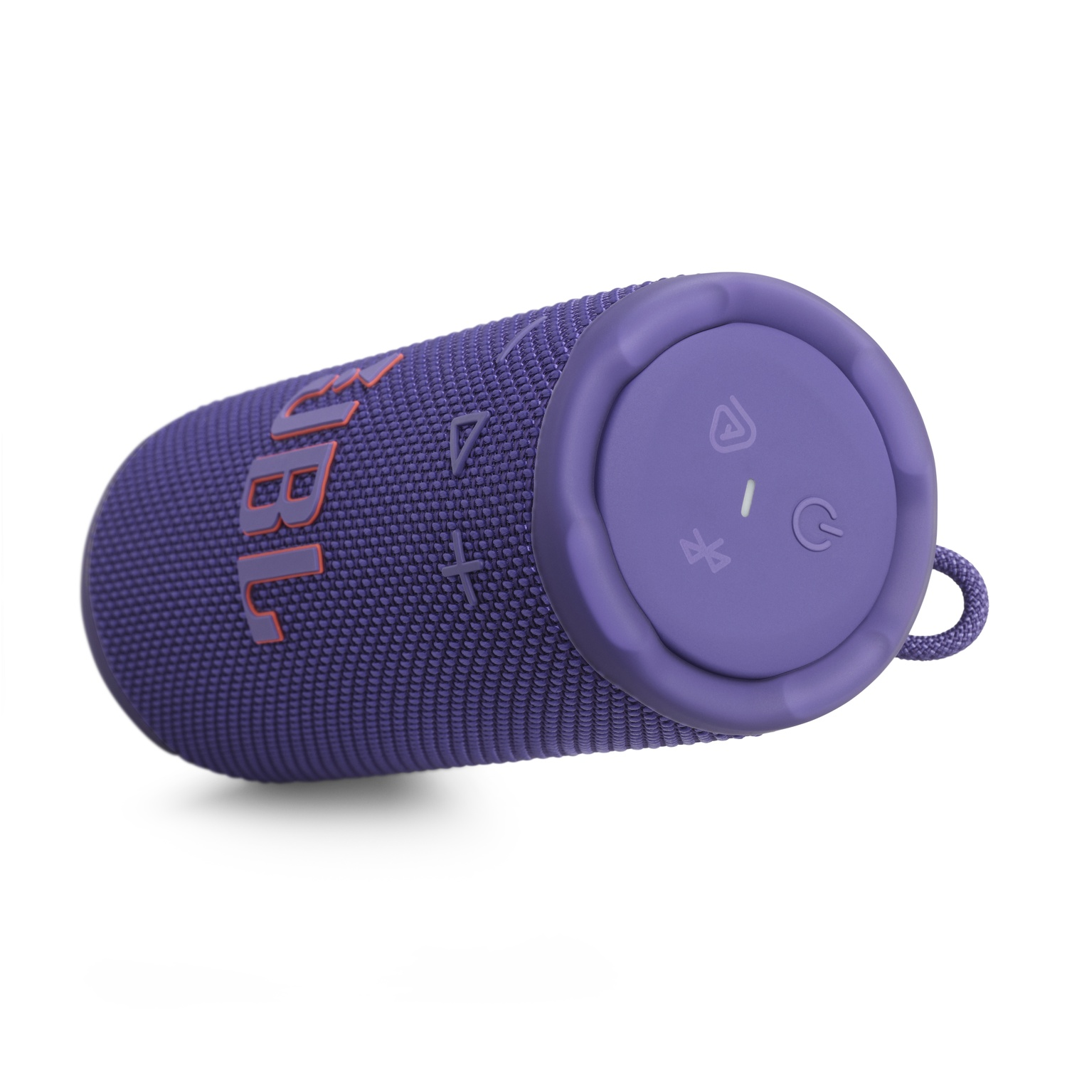 Haut-parleur JBL violet. Le haut-parleur est de forme cylindrique avec des boutons de commande et le logo JBL.