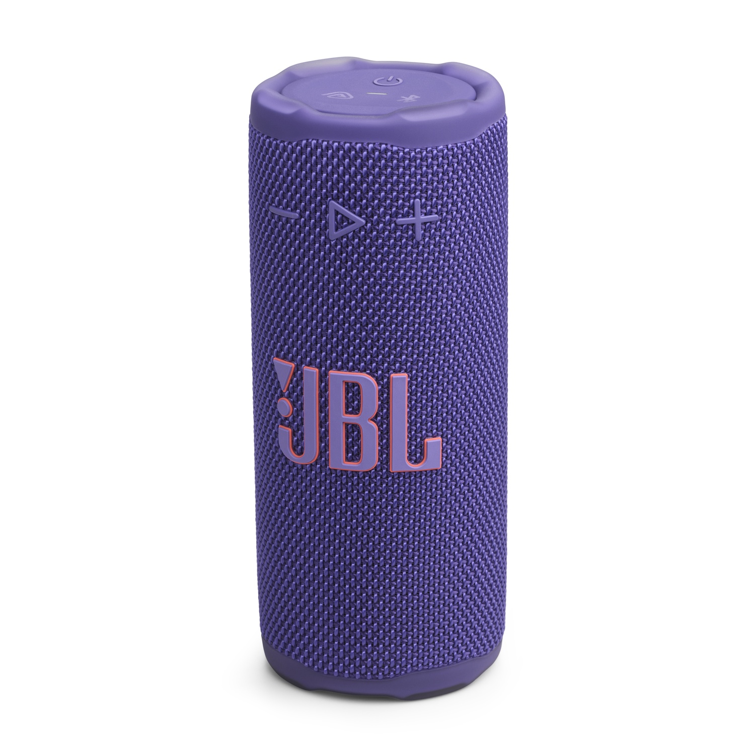Un haut-parleur JBL violet sur fond blanc. Le haut-parleur est cylindrique et porte le logo JBL. Il possède des boutons de contrôle du volume.
