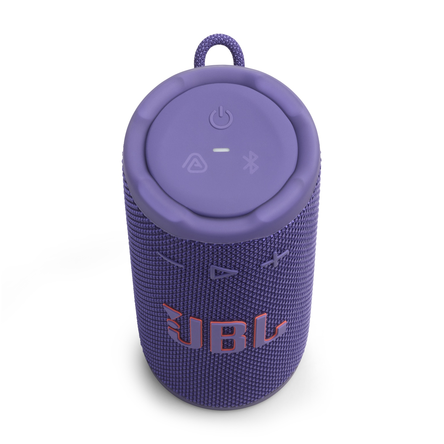 Un haut-parleur JBL violet avec une boucle en haut. Il a des boutons de contrôle et le logo JBL.