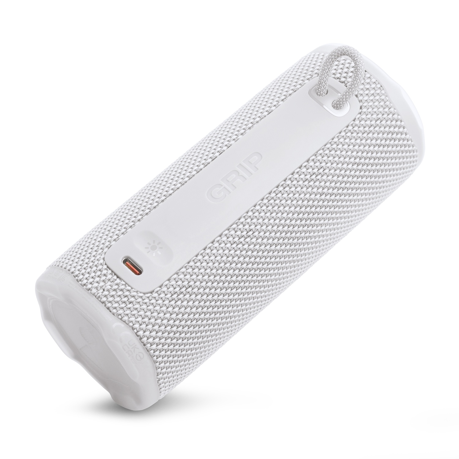 Un haut-parleur JBL blanc avec un maillage en tissu. Il possède une sangle blanche, des boutons de commande et un port de charge. Le mot GRIP est dessus.