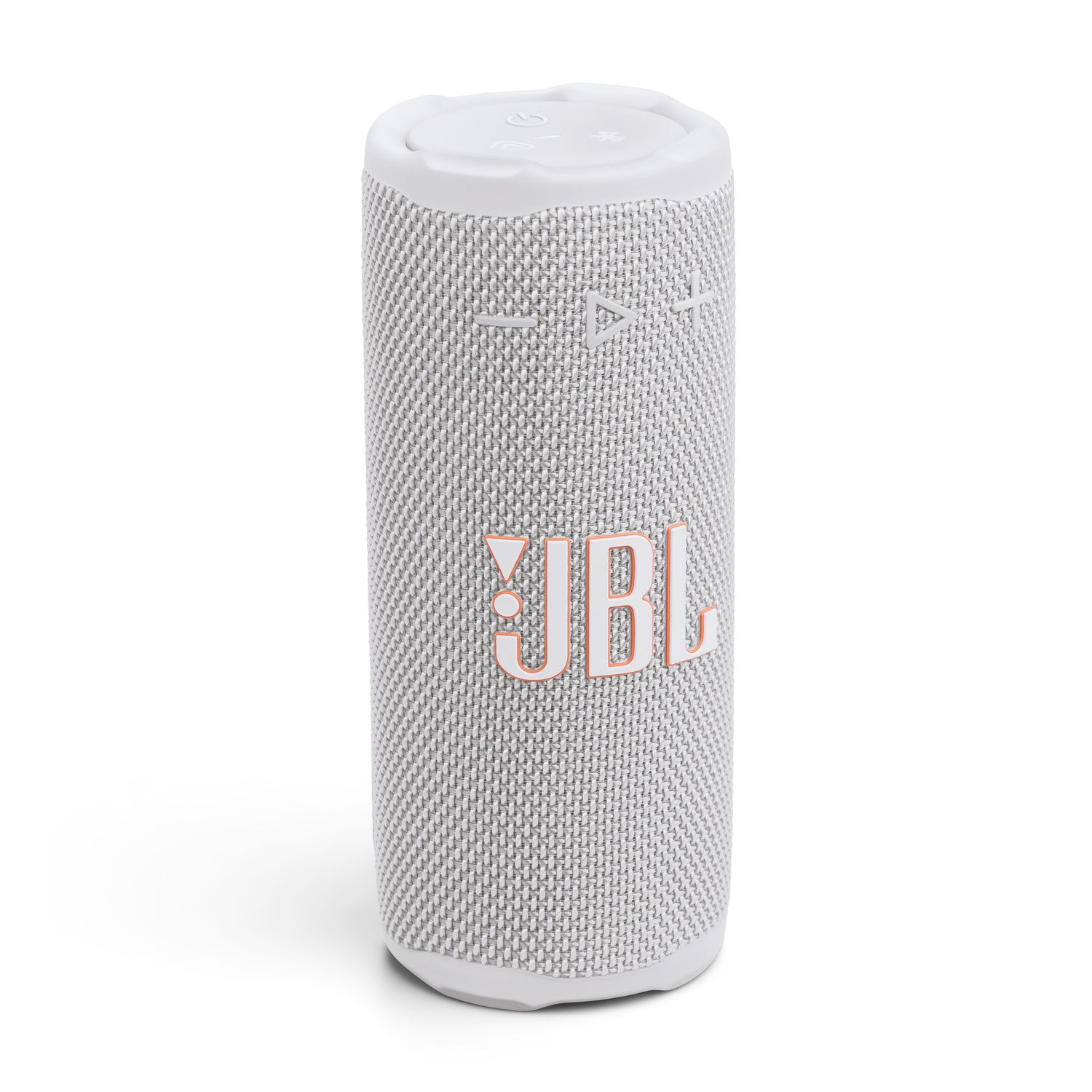 Un haut-parleur JBL blanc et gris sur fond blanc. Le logo JBL est orange. Le haut-parleur est cylindrique et a des boutons en haut.