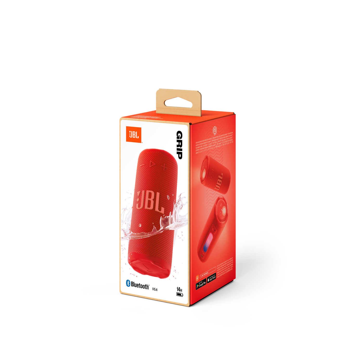 Un haut-parleur JBL rouge dans sa boîte. La boîte est rouge et orange, montrant le haut-parleur et des éclaboussures d'eau. Fond noir.