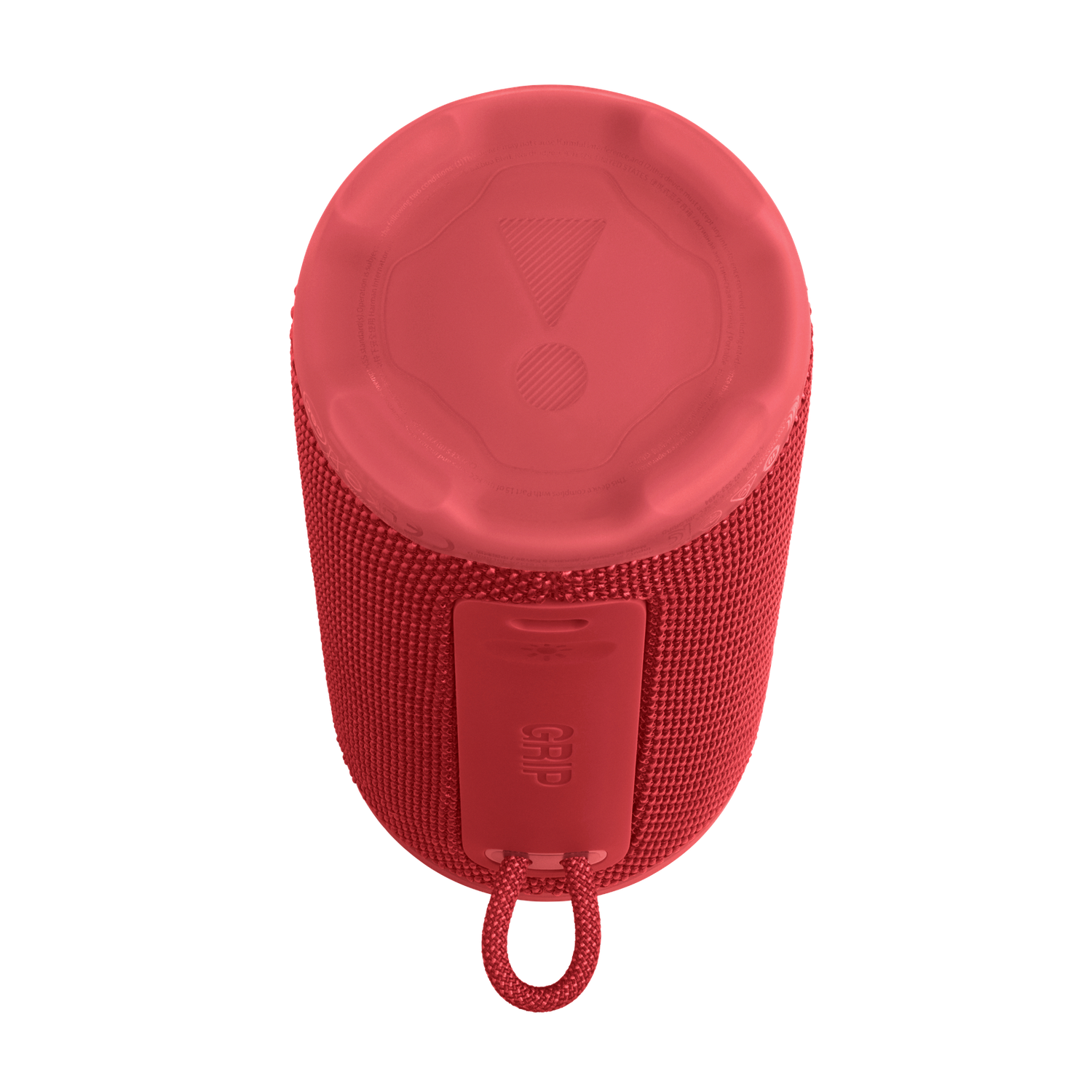 Haut-parleur JBL rouge sur fond noir. Le haut-parleur est cylindrique avec une texture de tissu et une boucle pour accrocher.