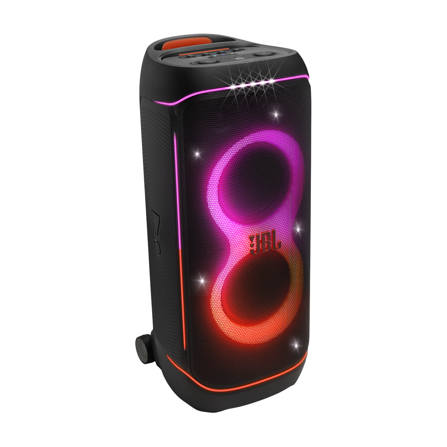Zwarte JBL-luidspreker met levendige roze en oranje lichteffecten. Staat op een zwarte achtergrond. Het JBL-logo is zichtbaar.