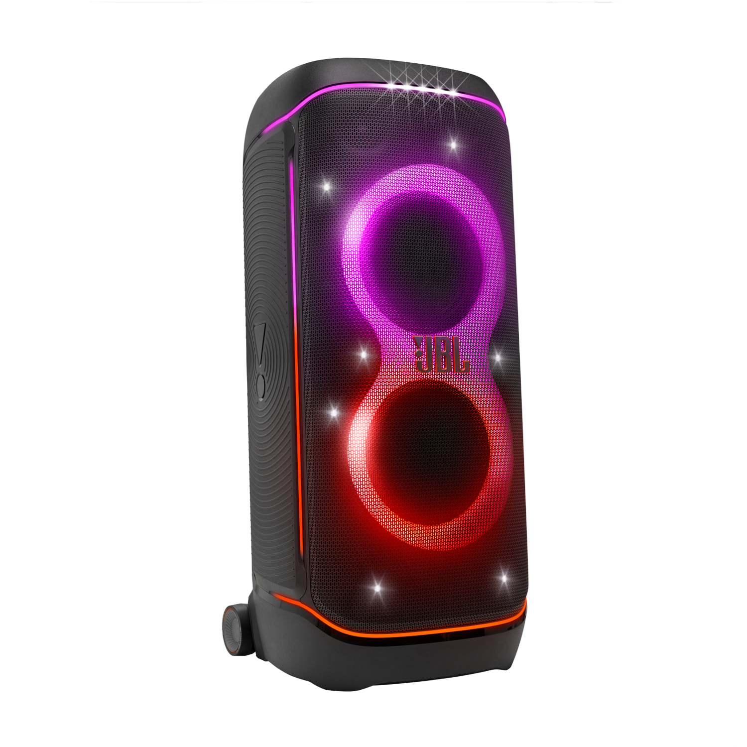 Een zwarte JBL-luidspreker met gloeiende ringen in rood en paars. Het JBL-logo is zichtbaar. Op een zwarte achtergrond met glitter.
