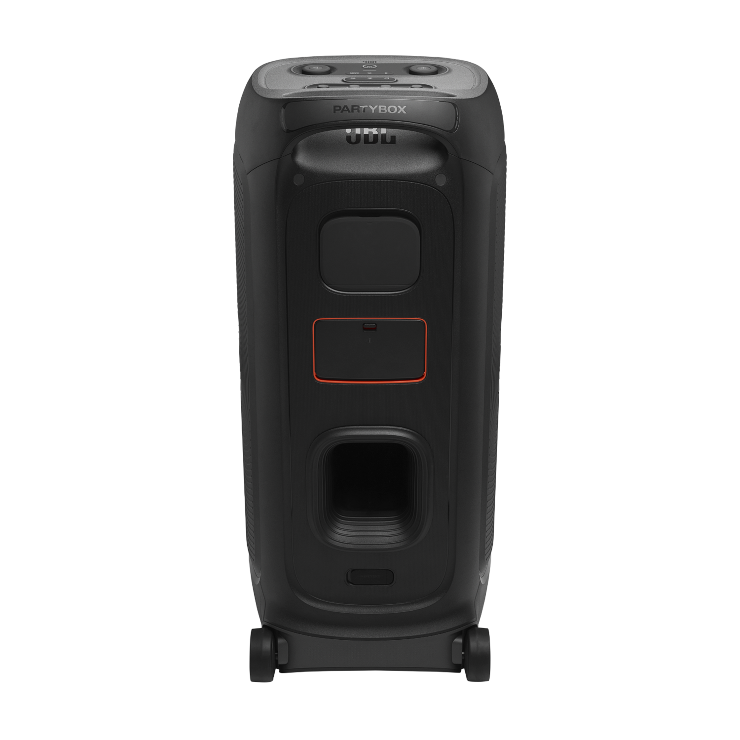 Zwarte JBL PartyBox-luidspreker op een zwarte achtergrond. Hij heeft wielen, een handvat en diverse ingangen en is voorzien van het JBL-logo.