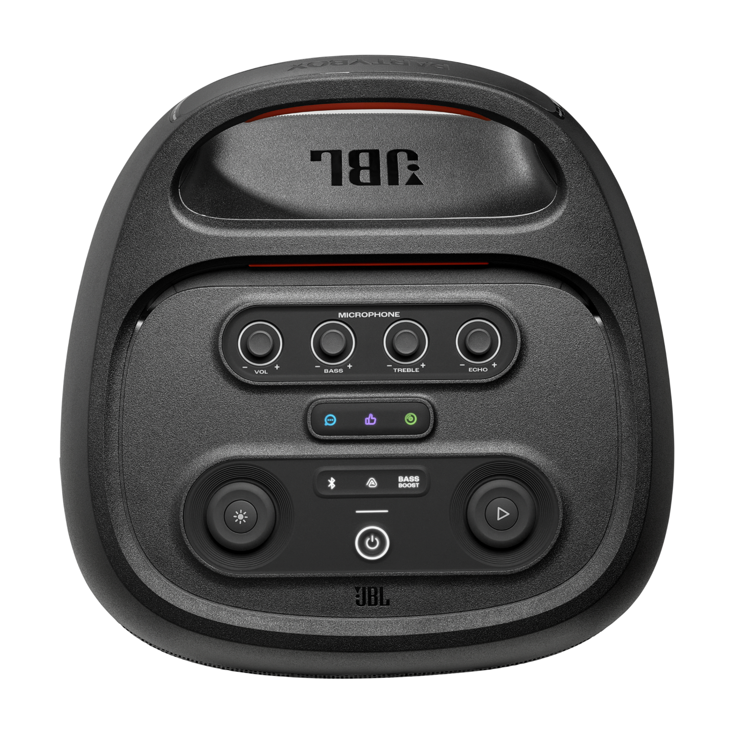 Zwarte JBL PartyBox-luidspreker. Voorzien van volume-, bas-, treble-, echobesturing, aan/uit-knop en lichtregelaars. JBL-logo zichtbaar.