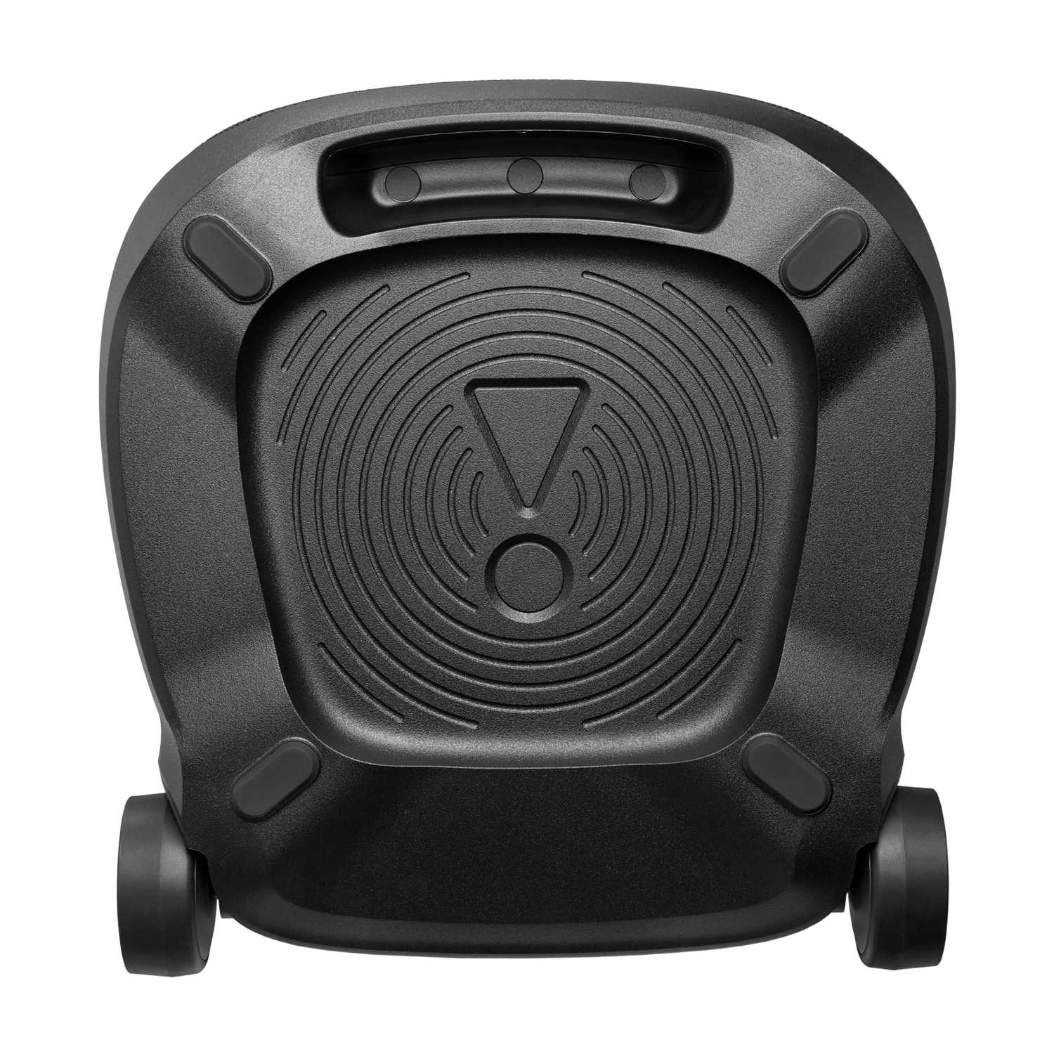 Zwarte luidspreker met een cirkelvormig ontwerp. Het heeft een handvat, wielen en een centraal logo. De luidspreker staat op een zwarte achtergrond.