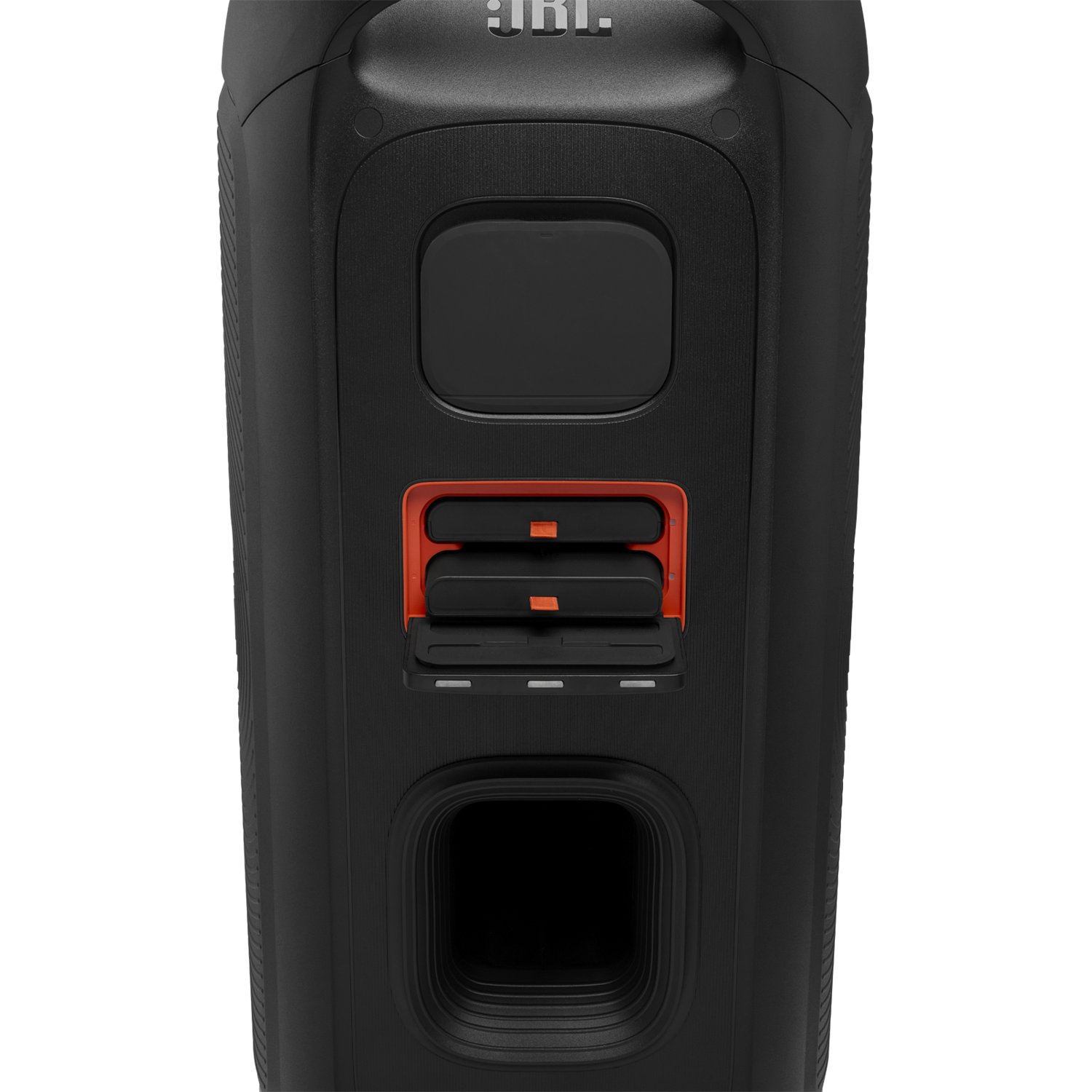 Zwarte JBL-luidspreker met oranje accenten. Beschikt over een handvat, rechthoekige poorten en een compartiment met oranje en zwarte elementen.