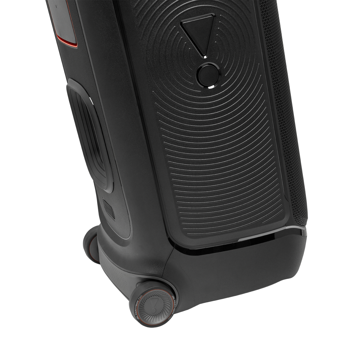 Zwarte JBL PartyBox 720-luidspreker op zwarte achtergrond. Wielen, bedieningspaneel en zijdetails zijn zichtbaar.