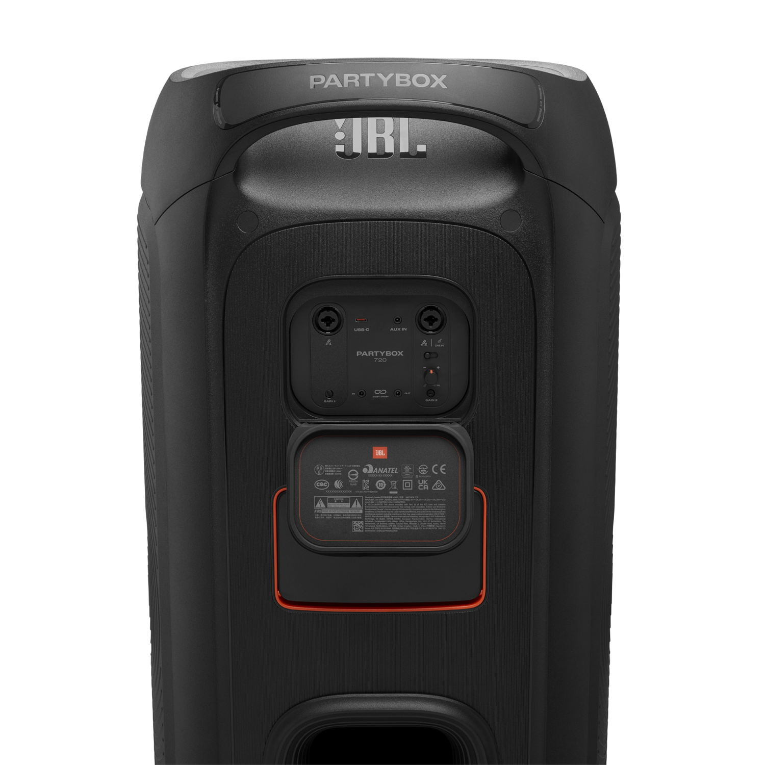 Een zwarte JBL PartyBox-luidspreker. Het heeft een handvat, USB- en AUX-poorten en een bedieningspaneel. Het JBL-logo en PartyBox zijn zichtbaar.