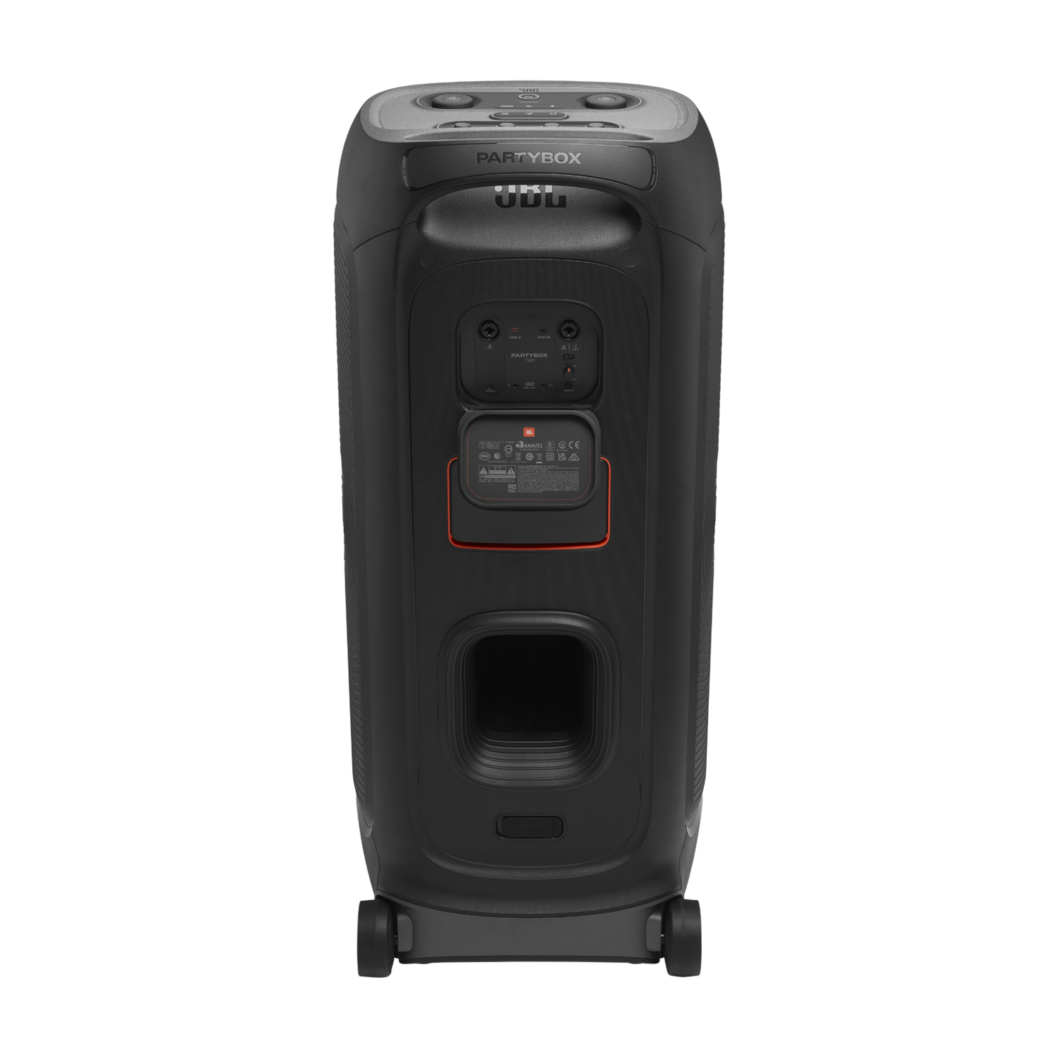 Een zwarte JBL PartyBox-luidspreker, achteraanzicht, met poorten, knoppen en wielen. Heeft een rode contour en het JBL-logo. Op zwarte achtergrond.