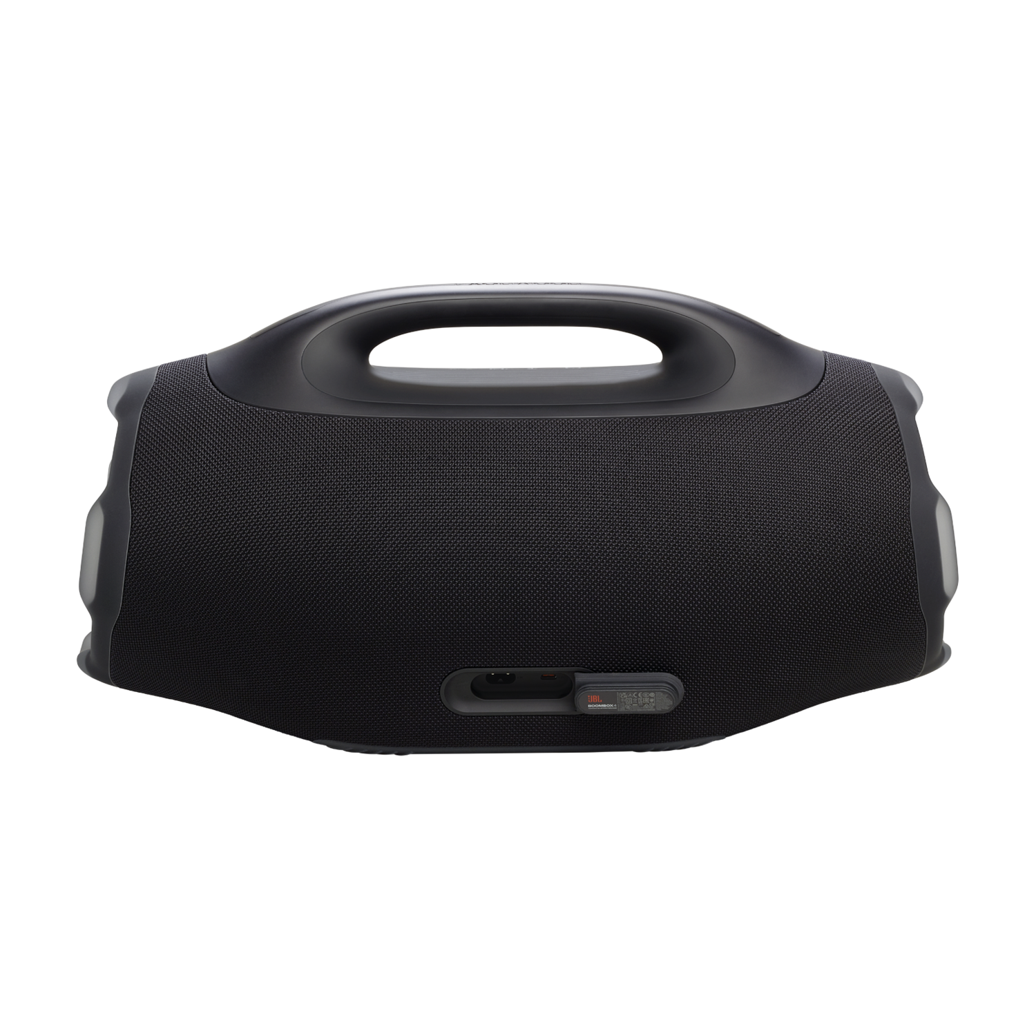 A black JBL Boombox speaker with a handle on top. The speaker has a mesh surface and several ports at the back.