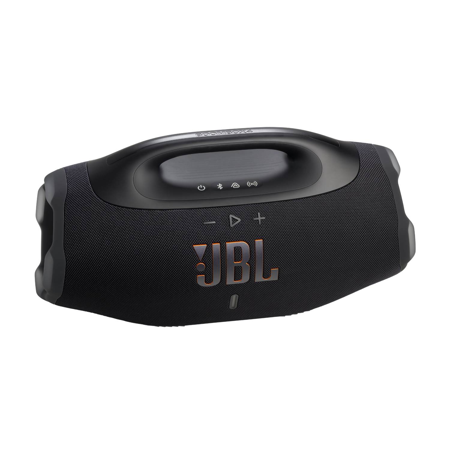 Black JBL Boombox speaker on a black background. It has a handle, control buttons, and the JBL logo in orange.