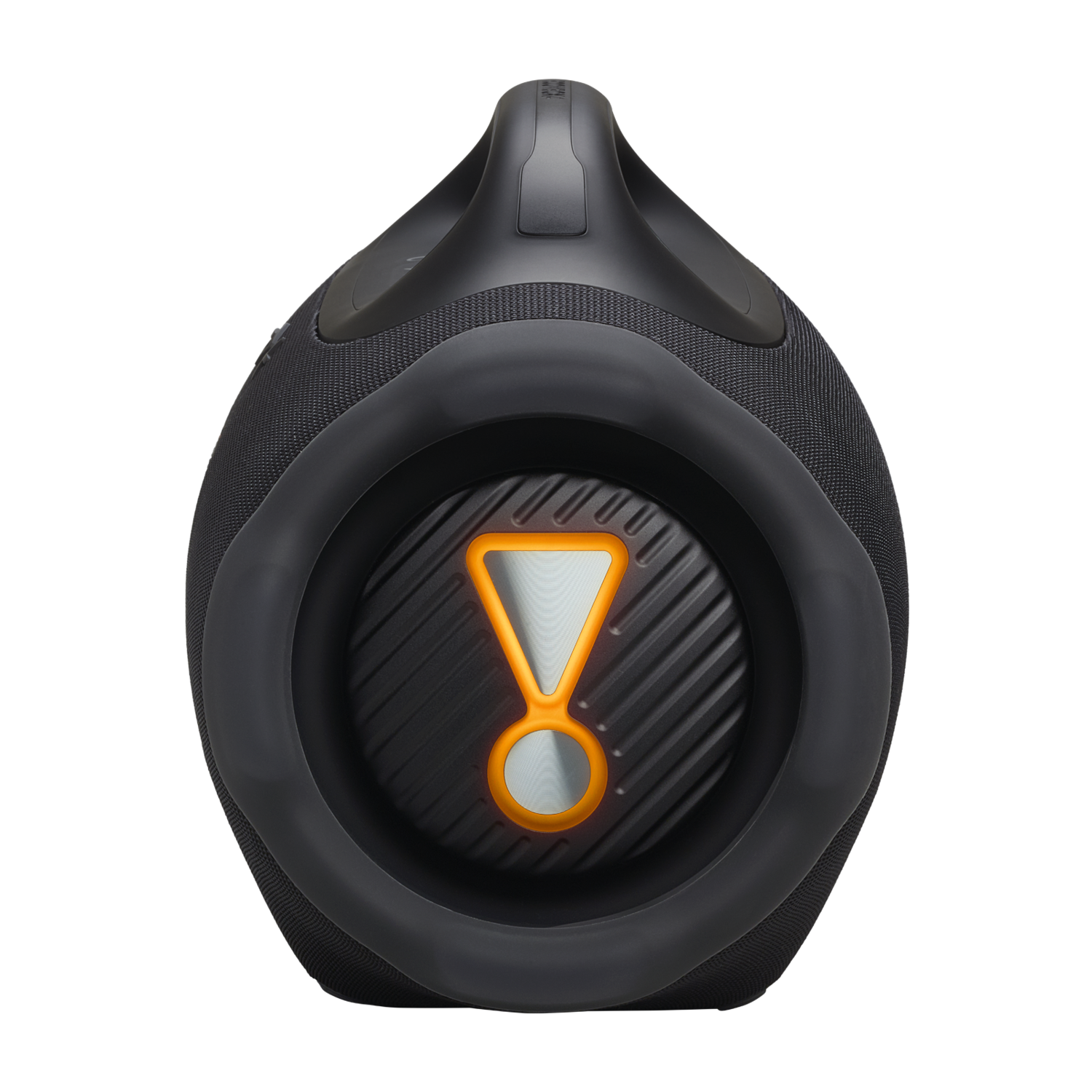 Black portable speaker with orange exclamation mark logo on a black background. The speaker has a handle at the top.